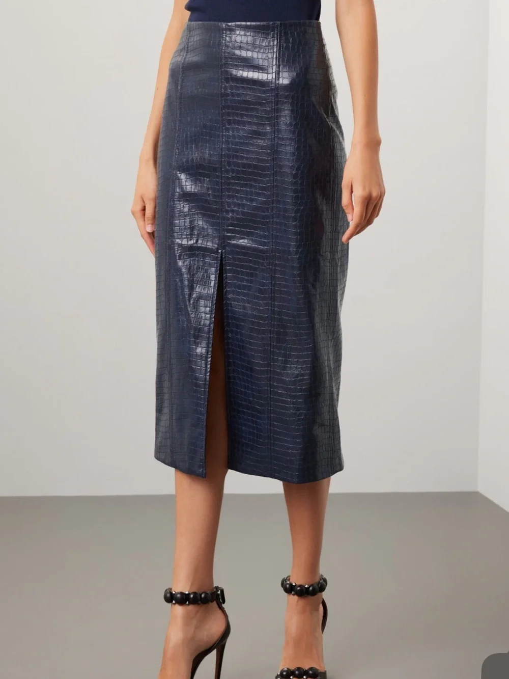 Tanya Taylor Navy Croc-Embossed Midi Skirt